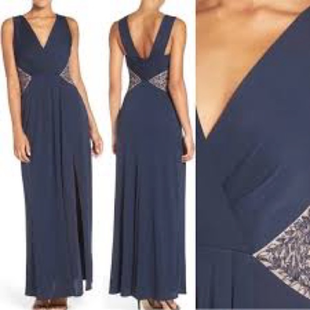 BCBG Max Azria 'Hasani' ~Navy Crepe Embroidered Plunge Side Slit Gown